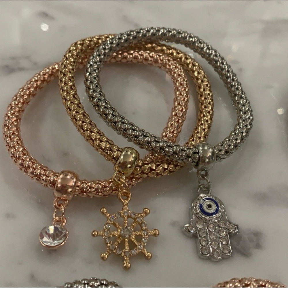 Elegant Gold, Rose Gold and Silver Charm Bracelet Set Trio